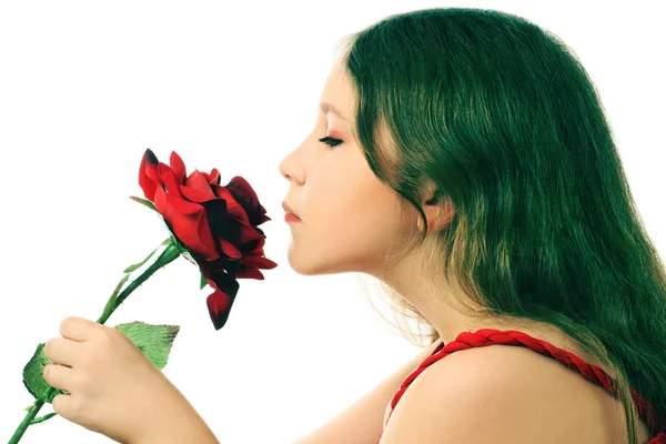 Profile of inspired girl child with flower. — Stock Photo, Image