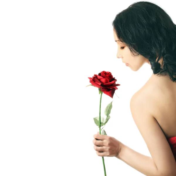 Portret van mooie vrouw met roos — Stockfoto
