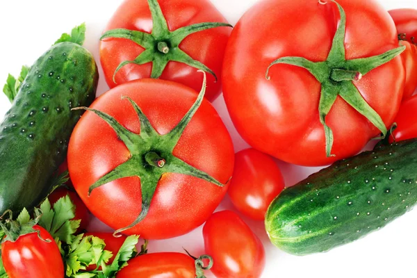 Friss zöldség, paradicsom és uborka — Stock Fotó