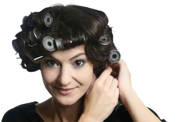 Rulli per capelli donna acconciatura — Foto Stock