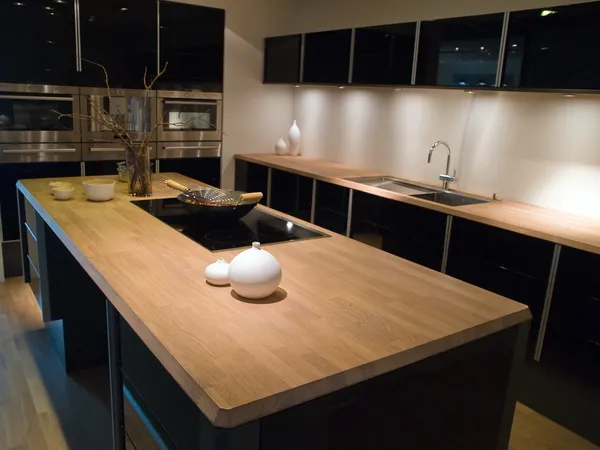Modern trendy design black wooden kitchen — Stock Photo, Image