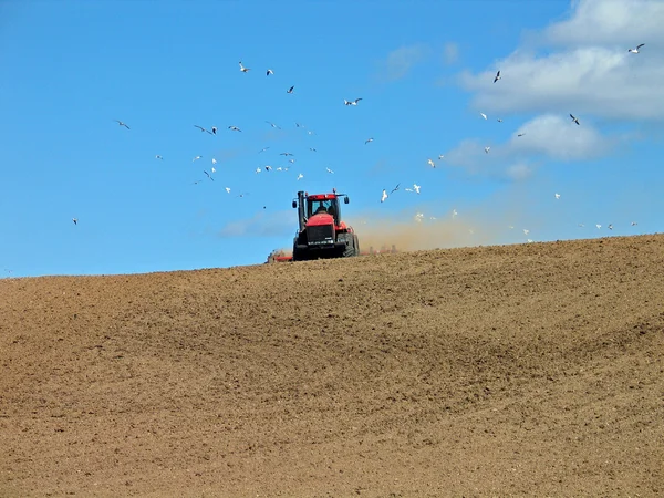 Большой трактор, вспахивающий поле — стоковое фото