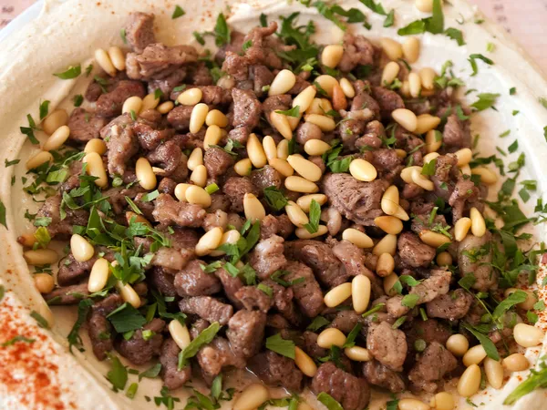 Hummus z jagnięcego mięsa Bliskiego Wschodu żywności — Zdjęcie stockowe