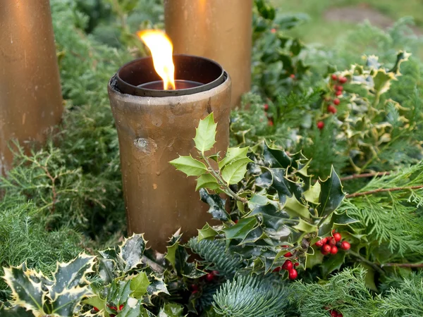 Kerstmis vuren boom europen holly en lichten — Stockfoto