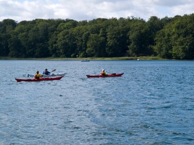 Men enjoying kayaking paddling kayaks clipart