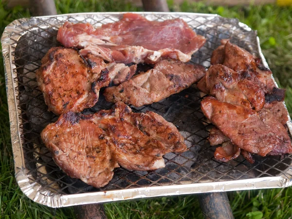 Juicy steaks in camping BBQ — Stock Photo, Image