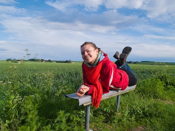 stock image Beautiful attractive young happy woman in a green field