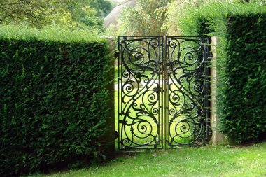 Black wrought iron garden gate
