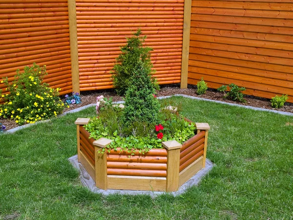 Mooie tuin houten bloemen pot — Stockfoto