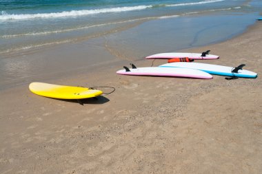 kumlu bir plaj üzerinde sörf tahtaları