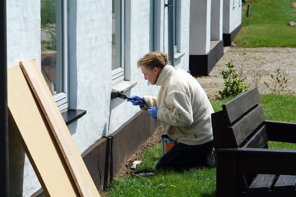Mulher com um pincel pintando uma casa — Fotografia de Stock
