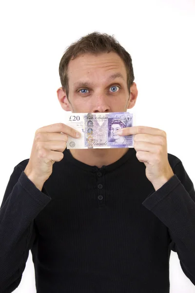 Squinting Money For Mouth — Stock Photo, Image