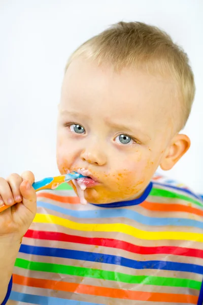 Infant Eating with food round his Face — Stock Photo, Image