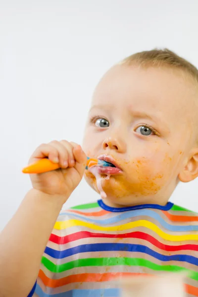 Eating Babies Food Messily — Stock Photo, Image