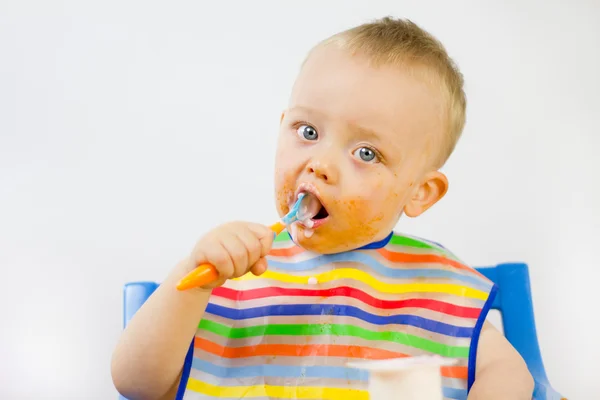 Messy Babies First Foods — Stock Photo, Image