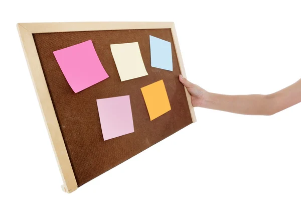 Wooden board with multicolored post-it-notes — Stock Photo, Image