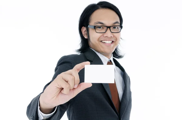 Empresário feliz Segurando o cartão de nome — Fotografia de Stock