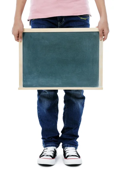 Holding a blackboard with copy space — Stock Photo, Image