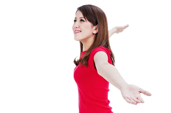Cute young woman stretching out her hands — Stock Photo, Image