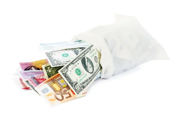 Moneybag con monedas internacionales — Foto de Stock