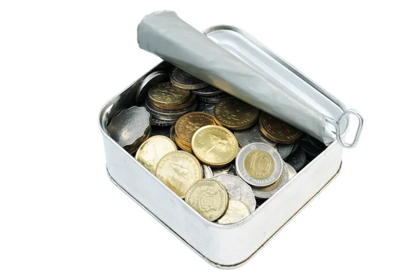 Monedas en lata de lata — Foto de Stock