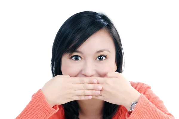 Cute woman with hands over mouth — Stock Photo, Image
