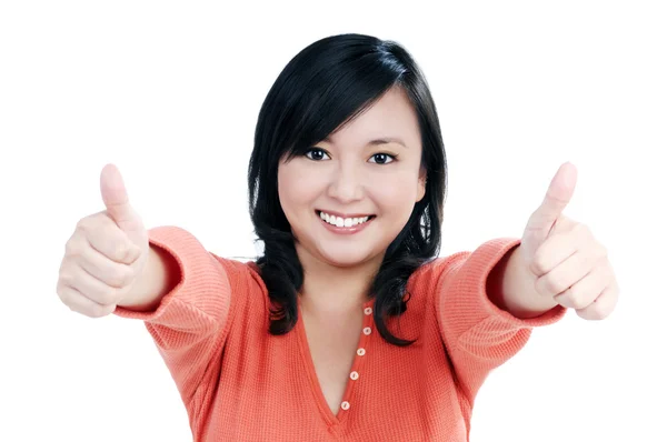 Cute woman giving thumbs up gesture — Stock Photo, Image