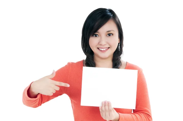 Cute young woman holding blank card — Stock Photo, Image