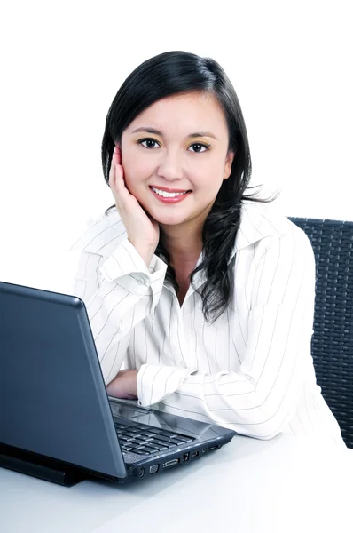 Happy businesswoman with laptop — Stock Photo, Image