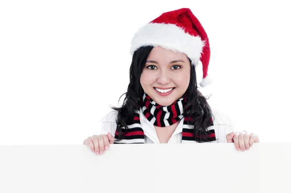 stock image Happy Christmas Woman Holding Blank Billboard