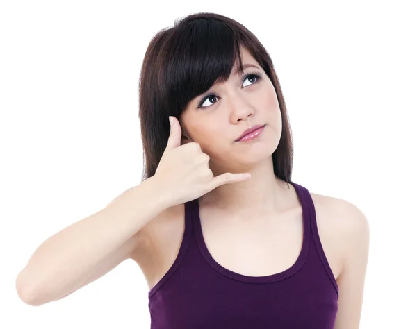 Cute Young Asian Woman Making A Call Me Gesture — Stock Photo, Image