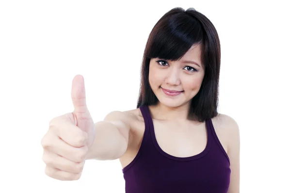 Tineri asiatic femeie arată degetul mare în sus semn — Fotografie, imagine de stoc