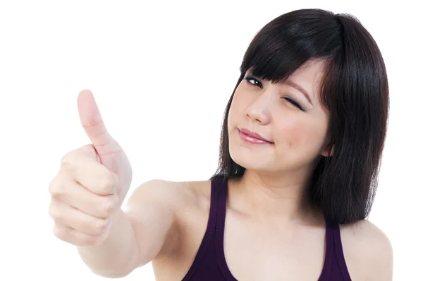 Cute Young Female Winking And Giving Thumb Up Gesture — Stock Photo, Image