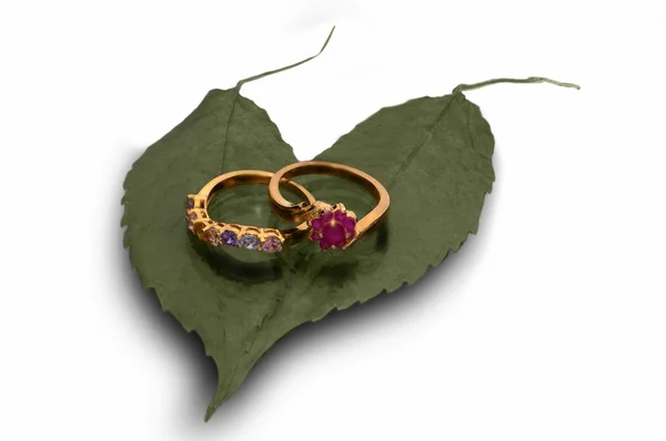 緑の葉の上の金の指輪 — ストック写真