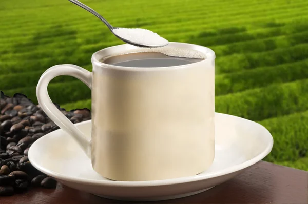 Φλιτζάνι καφέ άσπρο με κόκκους καφέ φόντο — Φωτογραφία Αρχείου