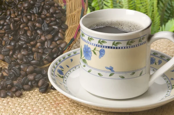 白咖啡杯子与咖啡豆背景 — 图库照片