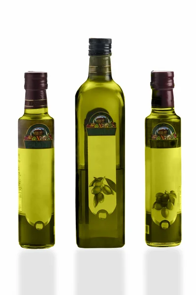 Olive oil bottles with labels — Stock Photo, Image