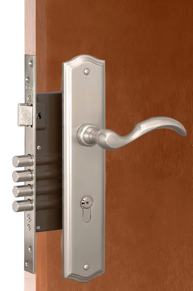 Lock, The modern and safe lock on a wooden door — Stock Photo, Image