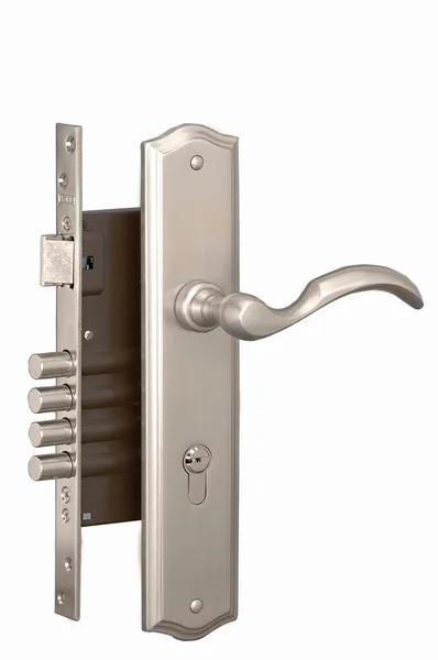 Kilit, ahşap bir kapı üzerinde modern ve güvenli kilit — Stok fotoğraf