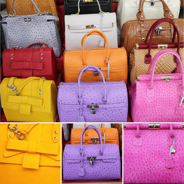 Collage met kleurrijke lederen handtassen collectie — Stockfoto