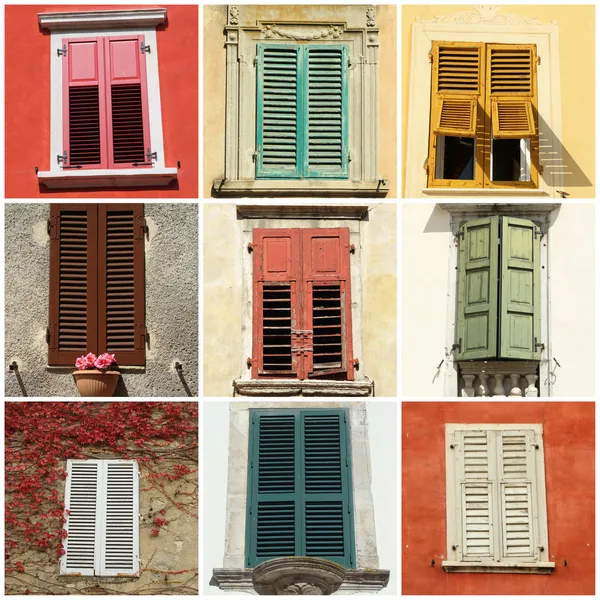 Collage med fönster med fönsterluckor — Stockfoto