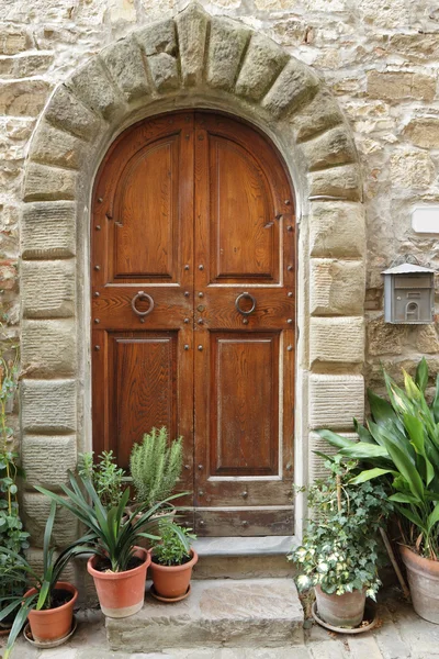 Wooden retro door with stone arch — Stock Photo, Image