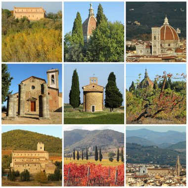 Collage with religious buildings in fantastic tuscan landscape clipart