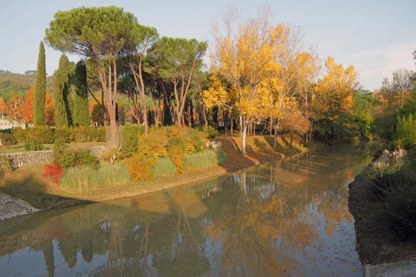 Sonbahar zaman içinde renkli ağaçlar nehir yansıma — Stok fotoğraf