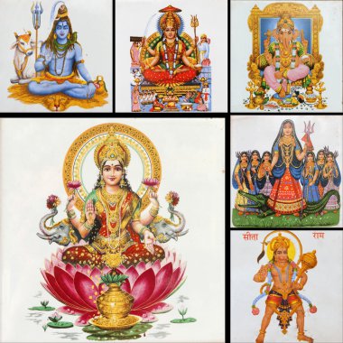 Hint tanrıları (lakshmi, hanuman, shiva, parvati, ganesha ile kolaj...)