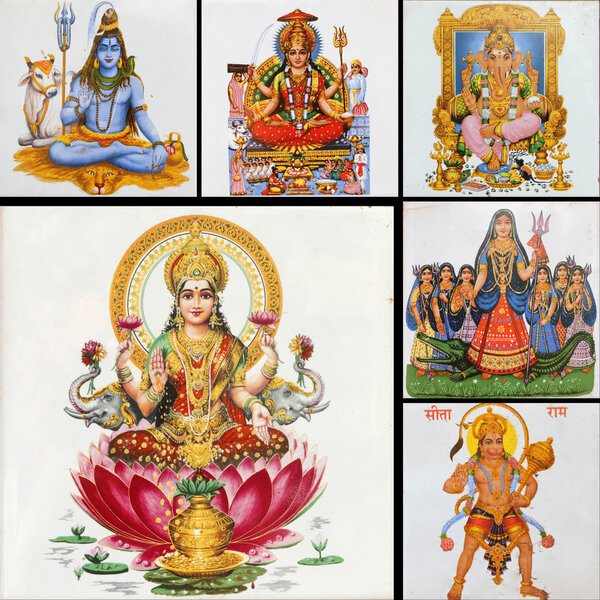 Collage with hindu gods ( Lakshmi, Hanuman,Shiva,Parvati,Ganesha...)