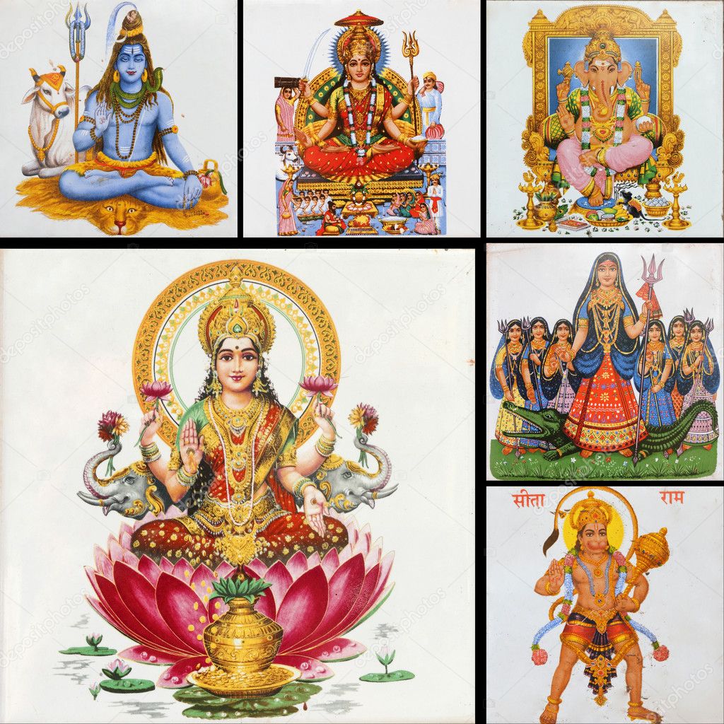 Collage with hindu gods ( Lakshmi, Hanuman,Shiva,Parvati,Ganesha ...