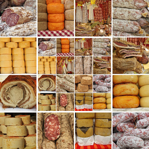 Collage with sausages and cheese