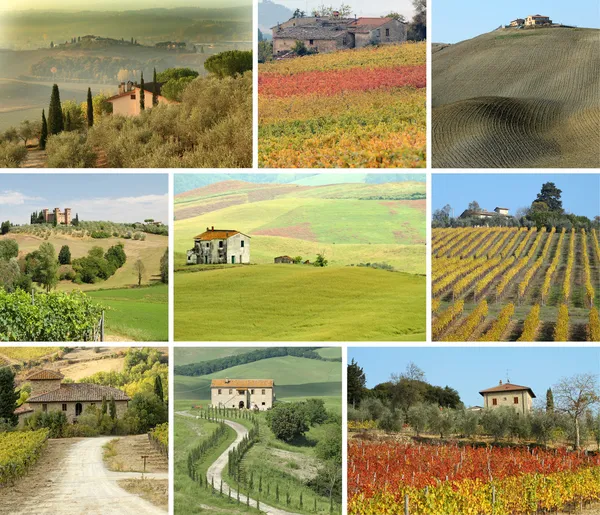 Collage med toskanska hus i natursköna landskapet — Stockfoto
