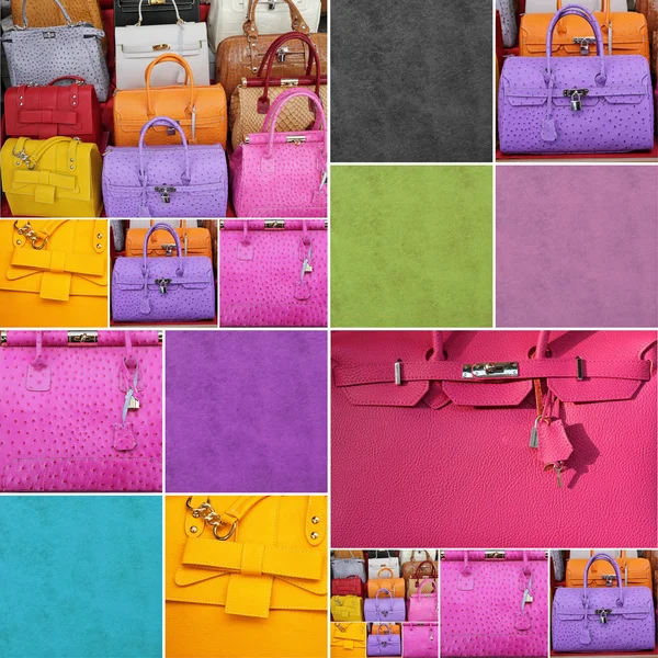 Kleurrijke fraai crack leder handtassen collage — Stockfoto